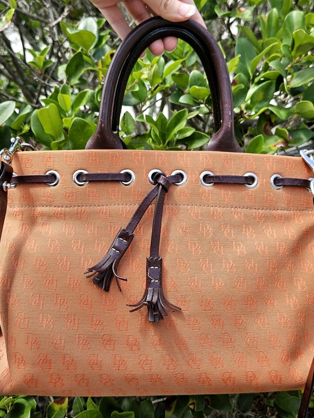 Vintage Y2K Dooney & Bourke Tassel Tote Orange DB Monogram Shoulder Bag